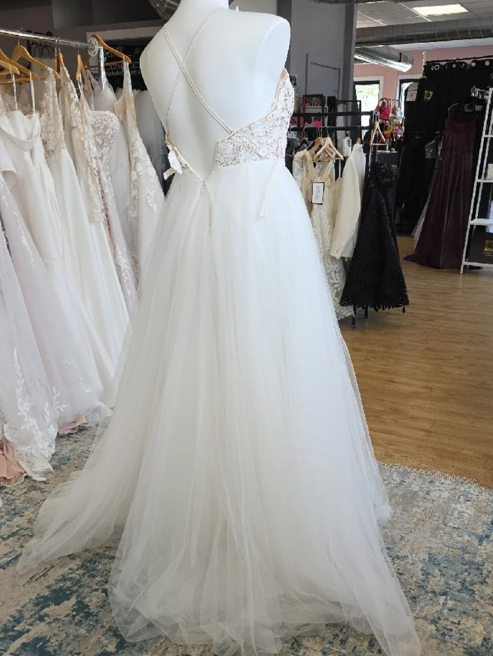 Sleeveless V-Neck Lace Bodice White Wedding Dress